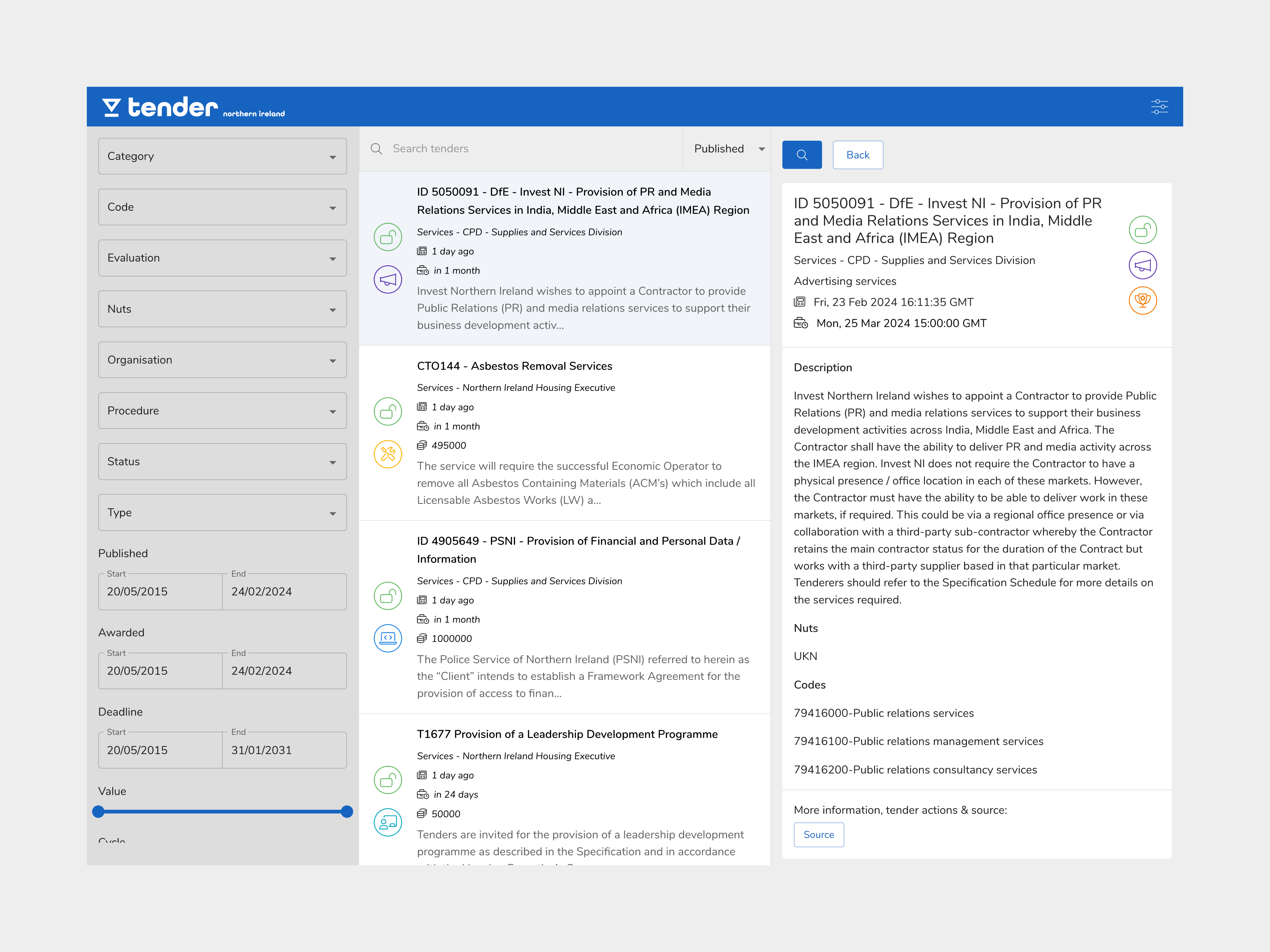 Tender NI product interface preview